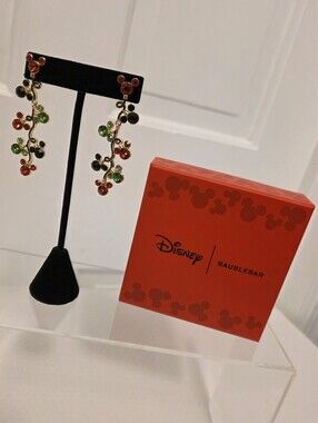 NIB Disney BaubleBar Gold-Tone Mickey Cluster Dangle Earrings Red, Green, Gold